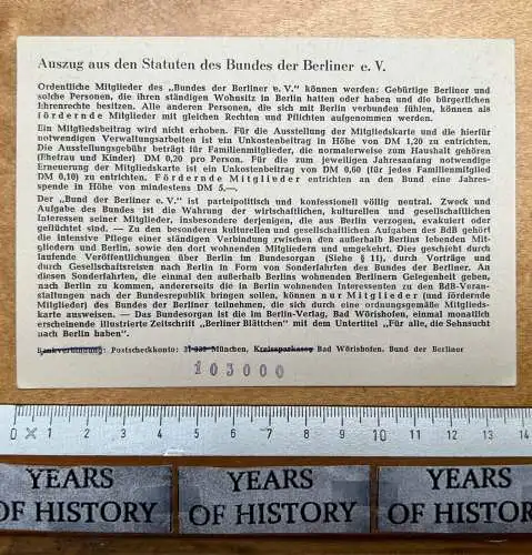 Verein Bund der Berliner und Freunde Berlins e.V. Mitglieds-Karte 1952 Essen NRW