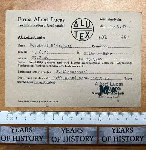 Werbung 1947 Fr. Albert Lucas Mühlheim Ruhr ALUTEX Textilfabrikation Entlassung