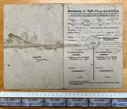 Ausweis für Teil-Fliegergeschädigte - Bocholt Münsterland 1945 Soldat J. Sieker