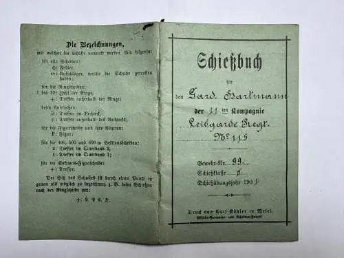 Schießbuch 1901 - 11. Kompanie Leibgarde Regiment Nummer 115 Grenadier Hartmann