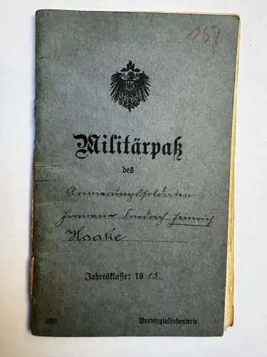 Militärpaß Haake Oberlübbe Hille Hüllhorst Minden Arm. Batl. 74 + Wirt. Kom. 269