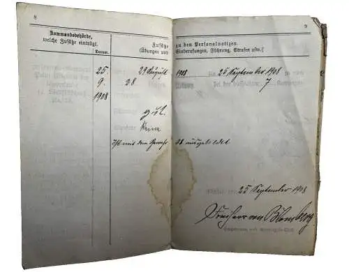Militärpaß K. Schulze Lünen Dortmund - OU Freiherr von Blomberg 1908 Minden