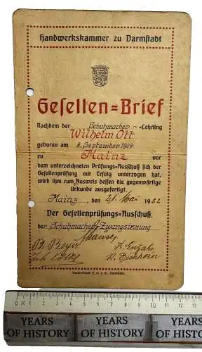 Gesellenbrief Schumacher Schuster aus Mainz 1922 Soldat Wilh. Otto HWK Darmstadt