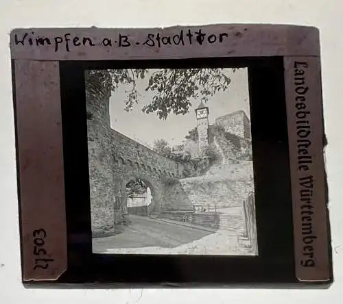 Dia 1936 Bad Wimpfen Neckar Stadttor Nürnberger Türmchen Roter Turm 5x5 cm BW