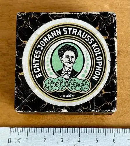 Johann Strauss Schachtel Kolophon Pinienharz Werbung 1930 Schachtel für Geige oä