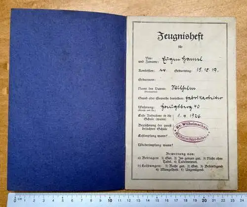 Zeugnisheft 1926-33 Eugen Hamel - Mülheim Ruhr Heissen - Ev. Wilhelmschule