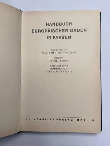 Handbuch europäischer Orden in Farbe  Hieronymussen - Lundo - Krantz 1966