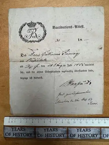 Altes Dokument Vaccinations Attest Unterschrift Elmshorn Holstein von 1833-1869