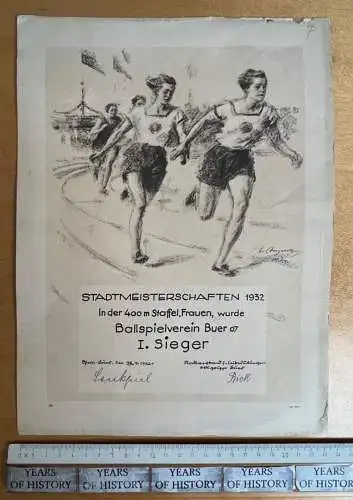 Sieger Urkunde 1932 Stadtmeisterschaften 400 m Frauen Staffel Gelsenkirchen Buer