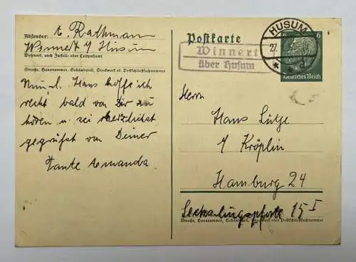 Postkarte Ganzsache 1937 Landpoststempel Winnert über Husum Schleswig-Holstein