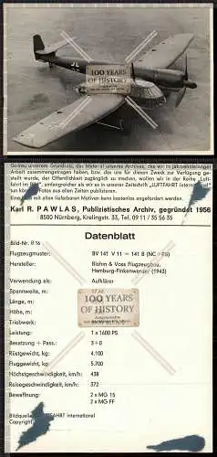 Foto Druck Flugzeug airplane aircraft Blohm und Voss BV 141 mit Datenblatt