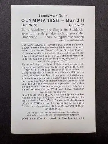 Earle Meadows Sieger Stabhochsprung - Autogramm Pimpf OLYMPIA 1936 Sammelbild 60