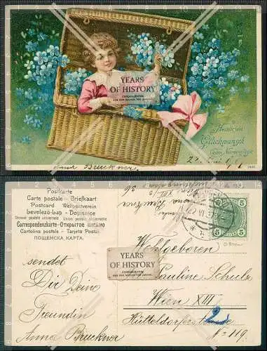 AK Präge Litho Glückwunsch Namenstage Knabe im Blumenkorb Veilchen 1907 gel.