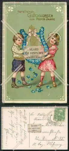 AK Litho Glückwunsch Neujahr Kinder Harfe mit Blumen Goldglitzer Präge 1912 gel.