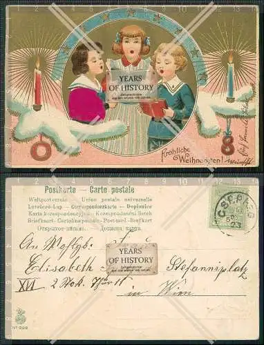 AK Künstler Präge Litho Frohe Weihnachten 3 Mädchen singen musizieren 1901 g
