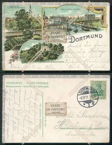 AK Litho Dortmund Partie am Hafen Gasthaus Kronenburg Teich Kirche 1911 gel.