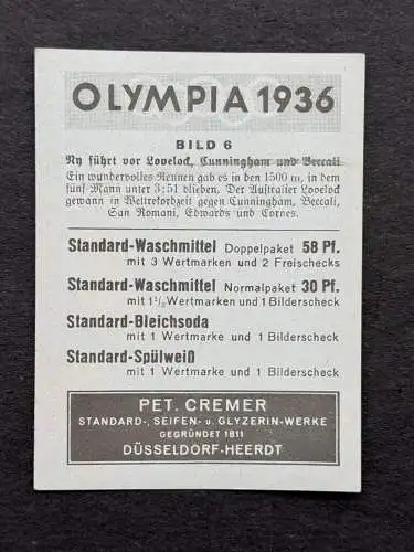 Jack Lovelock letzt Runde Olympiasieger 1500m Olympia 1936 Sammelbild Pet Cremer