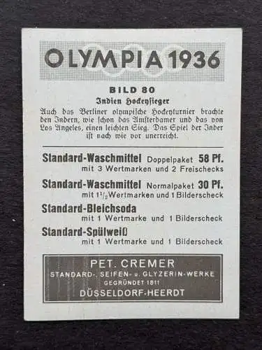 Indien Olympiasieger Wunderelf Hockey Berlin Olympia 1936 Sammelbild Pet Cremer