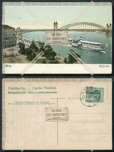 AK Bonn am Rhein Rheinbrücke mit Dampfer Raddampfer 1908 gelaufen