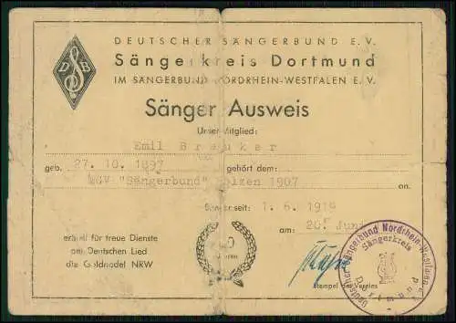 Sänger-Ausweis 1919  Sängerk. Dortmund MGV Holzen-Bösperde 1907 Menden Sauerland