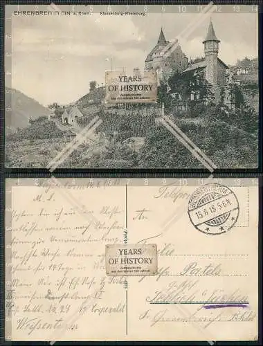 AK Ehrenbreitstein Koblenz am Rhein Klausenburg Rheinburg 1915 Feldpost gel.