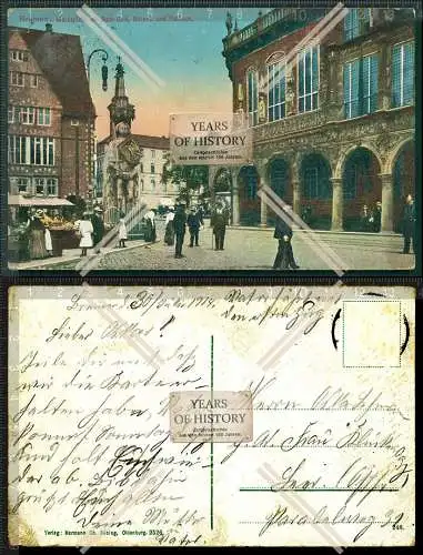 AK Bremen Marktplatz mit Ratscafe Roland und Rathaus 1911 gelaufen