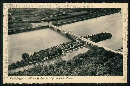 AK Hengstey Hagen Hengsteysee Luftbild Inselgasthof im Stausee Brücke 1941 gel.