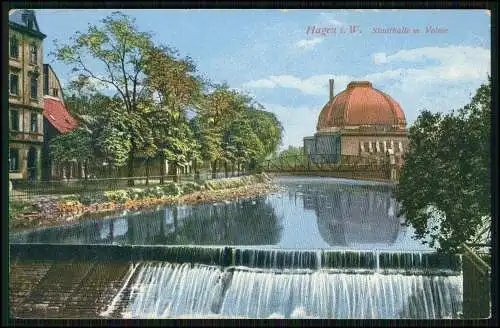 AK Hagen Westfalen Stadthalle mit Partie an der Volme Wasserfall 1928 gelaufen