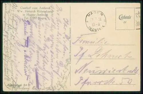 AK Hagen Ambrock  Westfalen Gasthof zum Ambrock Inhaber H. Kehrenkamp 1931 gel.