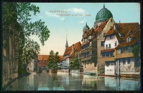 AK Nürnberg Pegnitz-Partie Insel Schütt und Türme der Synagoge 1911 gelaufen