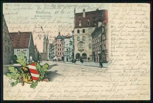 AK Nürnberg Litho Blick in Königstraße Hotel Deutscher Kaiser Wappen 1903 gel.