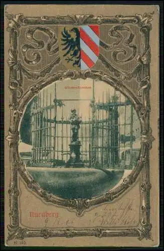 AK Nürnberg Mittelfranken Gänsemännchen Brunnen Karte mit Wappen 1901 gelaufen