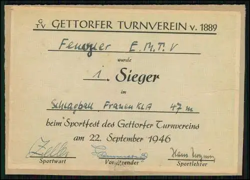 Urkunde Gettorfer Turnverein 1889 Eckernförde - 1. Sieger Schlagball Frauen 1946