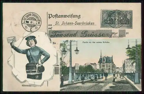 AK Litho St. Johann Saarbrücken Saarland Briefträger Dame verteilt Post 1907 gel