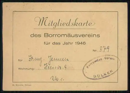 Mitgliedskarte 879 des Borromäusverein Dülken Alt-Viersen 1946 Herr Jennen