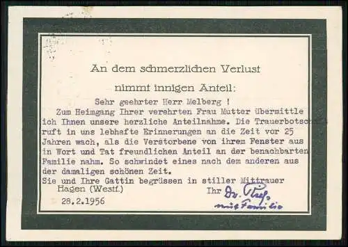 Beileidskarte Dr. Riefs ? Karte mit Präge Wappen 1956 gelaufen Hagen Ruhrgebiet