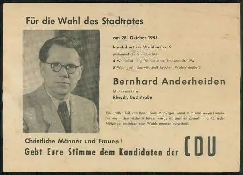 Flyer 21x15cm Wahl-Werbung CDU 1956 Bernhard Anderheiden Rheydt Mönchengladbach