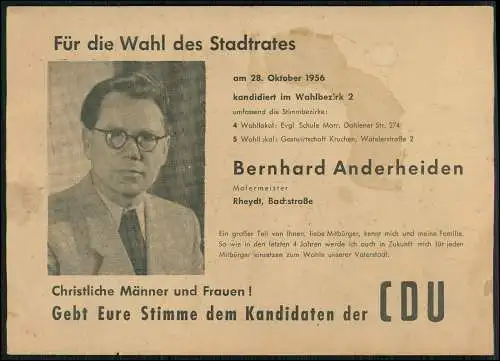 Zettel 21x15cm Wahl-Werbung CDU 1956 Bernhard Anderheiden Rheydt Mönchengladbach