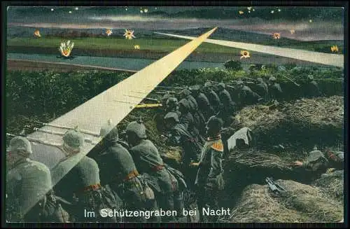 AK 1.WK Soldaten im Schützengraben bei Nacht Schlachtfeld 1915 Feldpost gelaufen