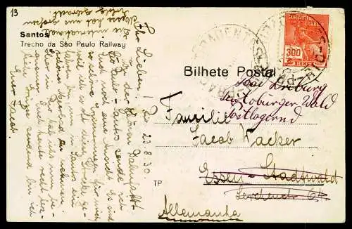 AK Santos Brasilien - Trecho da Sao Paulo Railway Eisenbahn Berge 1930 gelaufen