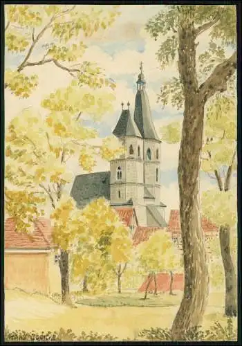 Altes Aquarell 20x14cm - Kirche im Dorf - signiert Maler Künstler Hans Jödicke