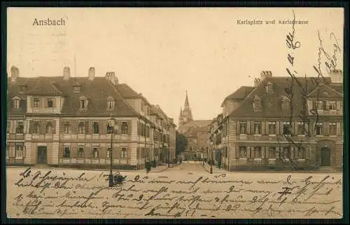 AK Ansbach in Mittelfranken Bayern - Karlsplatz und Karlsstraße 1913 gelaufen