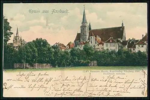 AK Litho Ansbach in Mittelfranken Bayern - Partie an der Kirche 1907 gelaufen