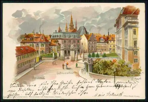 AK Litho Ansbach in Mittelfranken Bayern - Partie am Schloß1901 gelaufen