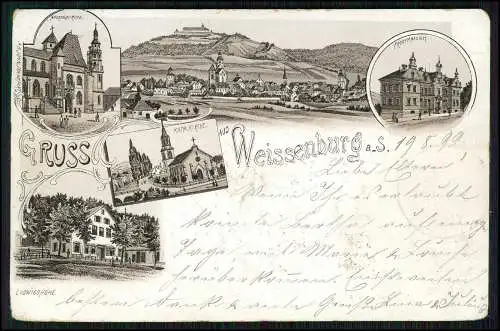 AK Litho Weißenburg am Sand Ludwigshöhe Apostelkirche Progymnasium 1899 gelaufen