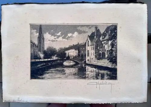 Radierung 28x19cm Jean Joseph Chabridon Bruges Bridge of horse Quai du Rosaire