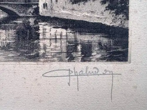 Radierung 28x19cm Jean Joseph Chabridon Bruges Bridge of horse Quai du Rosaire