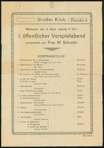 Plakat 29x20cm Großer Club Osnabrück - April 1908 öffentlicher Vorspielabend