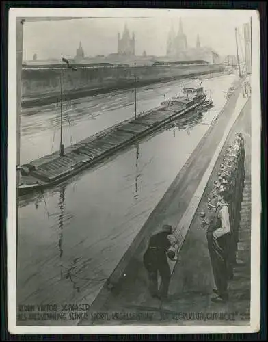 Foto Karikatur Zeichnung Köln Rheinschifffahrt Kegelbahn am Ufer mit Kegler 1940