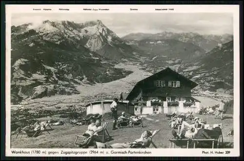 Foto AK Wankhaus Schutzhütte Jausenstation gegen Zugspitzgruppe und Garmisch